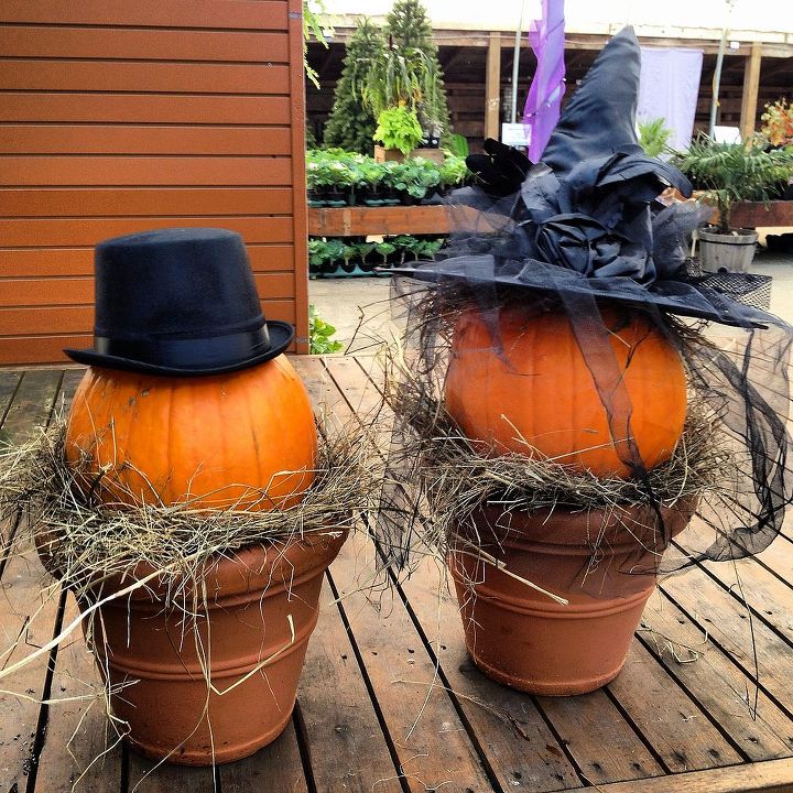 whimsical fall planters, gardening, halloween decorations, seasonal holiday d cor, A simple pumpkin propped in a pot on a nest of hay Pop on a decorative hat from Walmart for a simple display