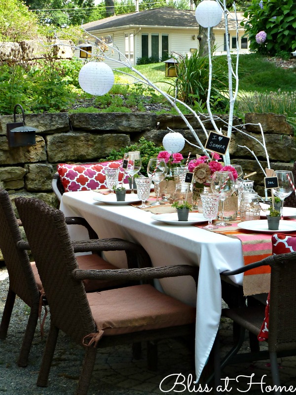 details for a perfect summer dinner party, chalkboard paint, crafts, mason jars, outdoor living, Hang paper lanterns from branches Available at Jo Ann