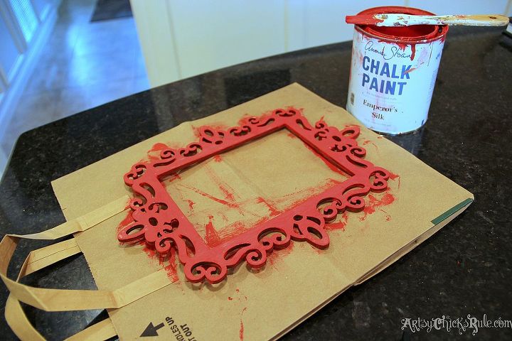 simple valentine s day craft gift or decor, chalk paint, crafts, painting, seasonal holiday decor, valentines day ideas, Painting the frame red I used Chalk Paint because I had it on hand spray or craft paint would work too