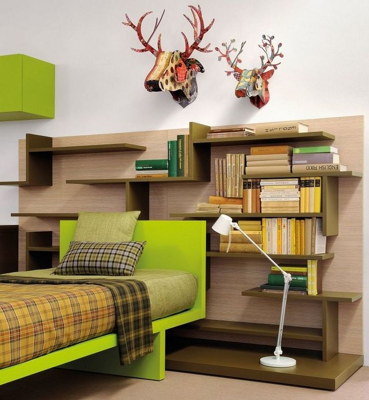 modern bed, bedroom ideas, painted furniture, shelving ideas