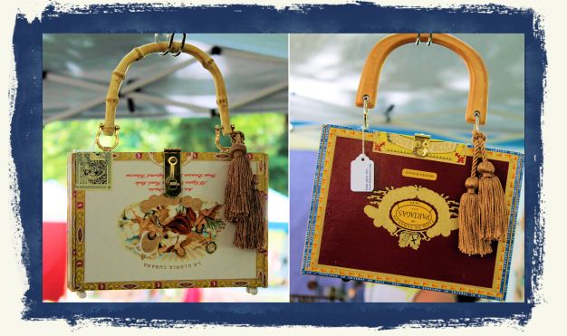 recycling up cycling arts festival, crafts, repurposing upcycling, purses made from beautiful ornate cigar boxes