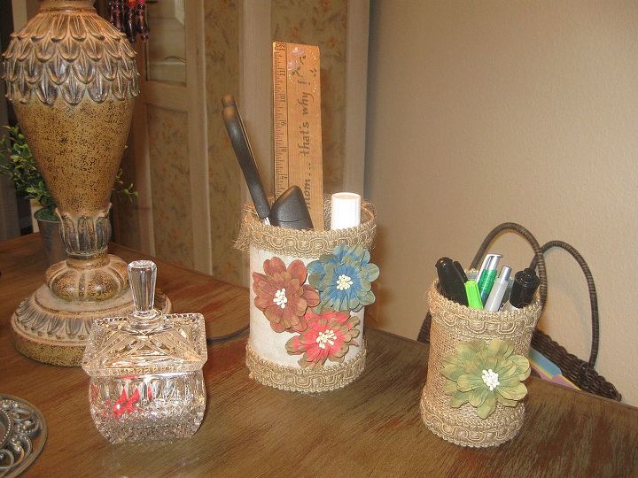 recycled vegetable can ice tea canister into desk organizers, crafts, decoupage, repurposing upcycling, Completed organizers on my desk