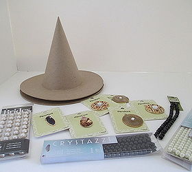 super easy bejeweled jack o lantern, crafts, halloween decorations, seasonal holiday decor, All supplies from Michael s Cardboard witches hat pendants and strings of pearls