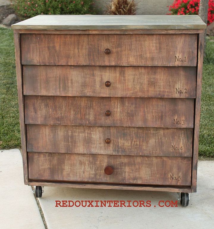 just add wheels to change your furniture, painted furniture, rustic furniture, Wheels added to a curbside dated dresser Layers of paint and numbers added plus rustic top to give this piece an Anthro vibe