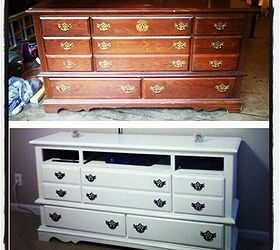 dresser re purposed into a tv stand, painted furniture, repurposing upcycling, This dresser just needed some paint and plywood shelves in place of the drawers I reused the hardware with some hammered black spray paint my fave go to spray paint