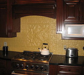decorative ceiling tiles why didn t i think if this, home decor, kitchen backsplash, tiling, You can even use them as a cool This pattern is referred to Princess Victoria and is made of Aluminum but I am enjoying how these home customized these 2 kitchen backsplashes Read more at