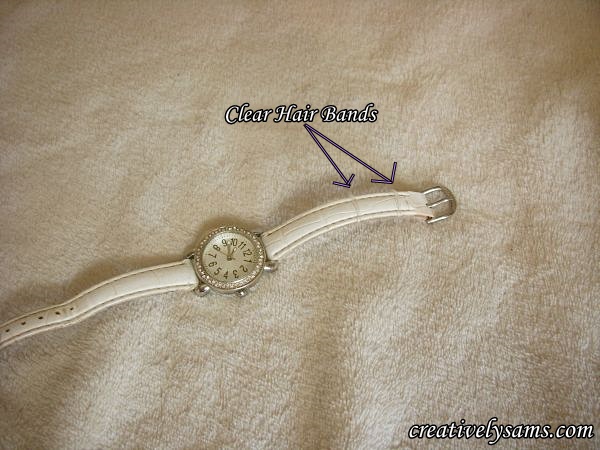 watch band quick fix, crafts, I put 2 of the clear hair bands on the buckle end of the watch band