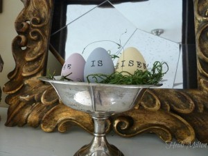 diy pastel painted eggs for easter, crafts, easter decorations, seasonal holiday decor, Add a little moss in a dish or shallow bowl to create a nest and tuck in your eggs making sure your stamped message shows If your eggs are flat on the bottom you could stand them up too