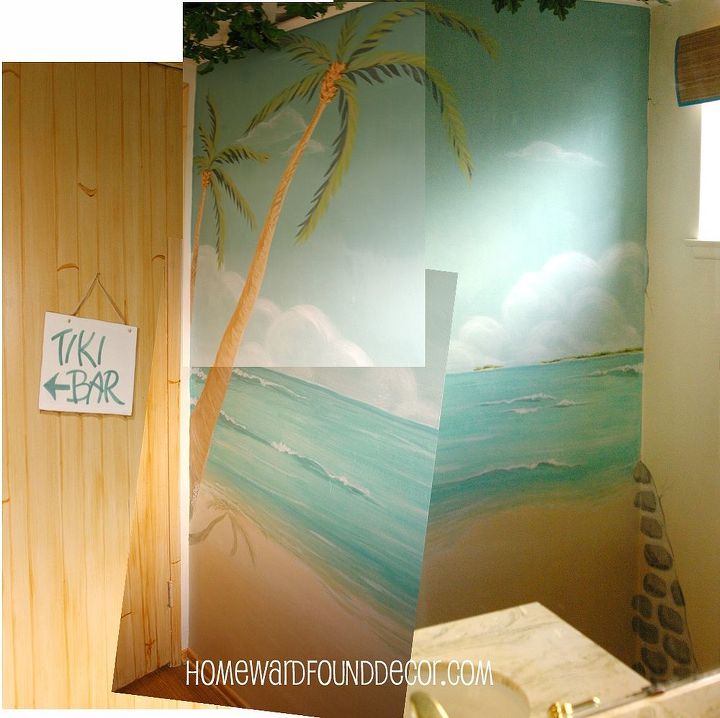 home tour thrifty weekend makeover part iii, home decor, Composite image of the guest bath mural it s a small room and I can t get a full shot of it