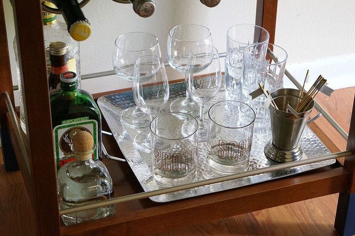 bar cart makeover, painted furniture, All of the glasses were thrift store finds