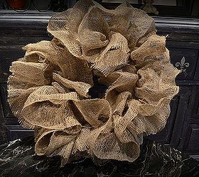 ruffled burlap wreath, chalk paint, crafts, fireplaces mantels, home decor, wreaths, Working the shape of the burlap Wreath Hot glued to Styrofoam wreath