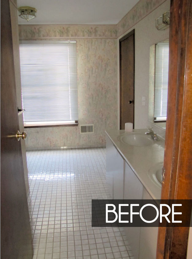 guest bathroom before and after, bathroom ideas, home decor, This is the before photo You can see the lovely variations of floral wallpaper the brass and glass light fixtures and the dull uniformity of the colors