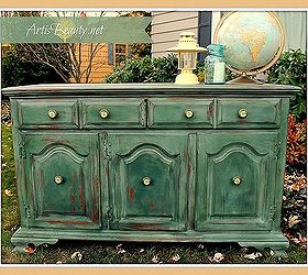 my super shabby buffet makeover and my 15 minutes of fame upcycling, crafts, home decor, painted furniture, repurposing upcycling, The finished painted buffet A nice vintage green with some new knobs from Hobby Lobby