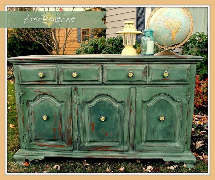 my super shabby buffet makeover and my 15 minutes of fame upcycling, crafts, home decor, painted furniture, repurposing upcycling, The finished painted buffet A nice vintage green with some new knobs from Hobby Lobby