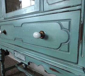 painted antique hutch, painted furniture, new hardware and voila and entirely new piece