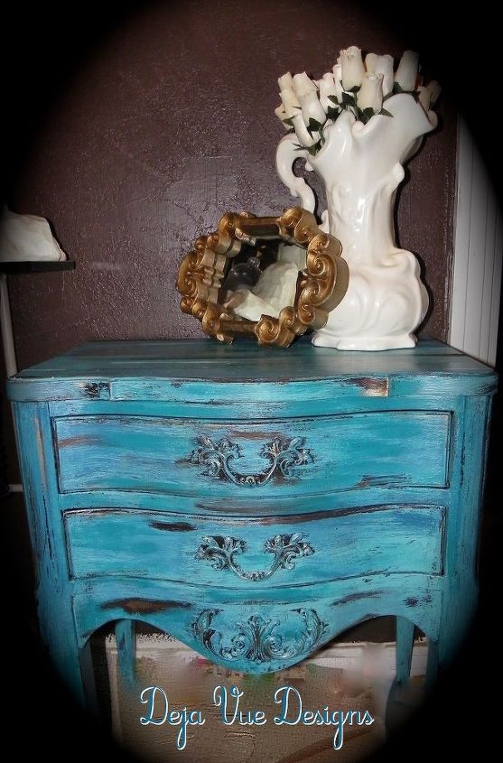 a rescued nightstand painted up with a aged turquoise finish, painted furniture