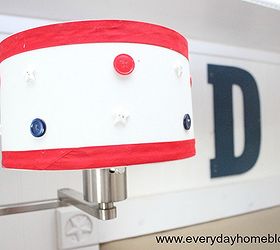 pottery barn isnpired boys bedroom reveal, bedroom ideas, home decor, Swing arm lamp shades gets a nautical touch with red white and blue buttons