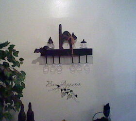 halloween decorating with black and white, halloween decorations, seasonal holiday d cor, wreaths, Floating wine rack with glass pumpkins and wooden black cat and bat I put up this wine rack and Bon Appetit wall decal a few months ago