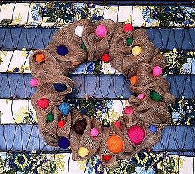 make a burlap ribbon wreath decorate one wreath for all seasons, crafts, home decor, I am coocoo for color and I love the juxtaposition of these simple yarn balls with the burlap