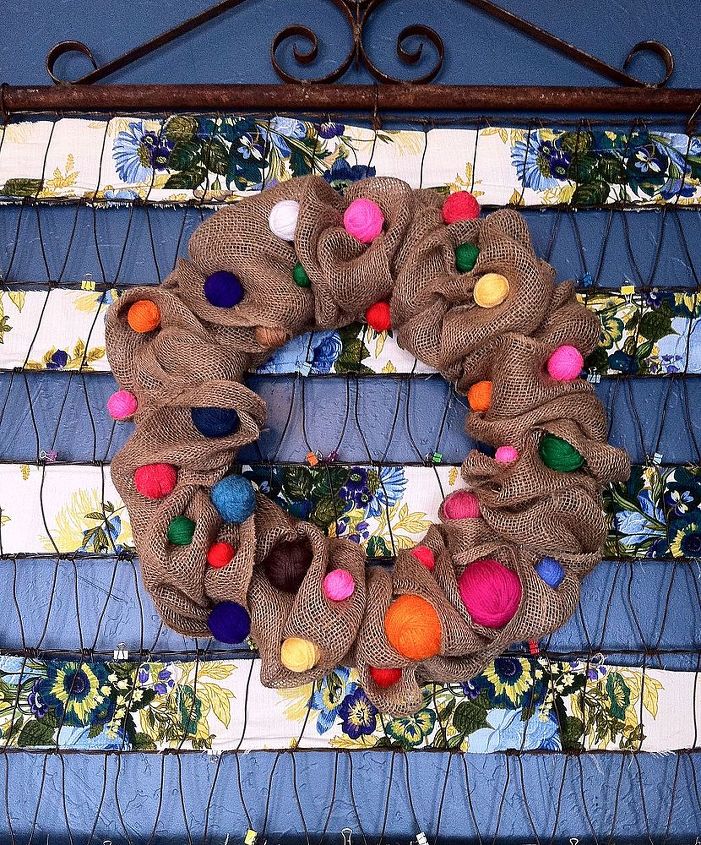 make a burlap ribbon wreath decorate one wreath for all seasons, crafts, home decor, I am coocoo for color and I love the juxtaposition of these simple yarn balls with the burlap