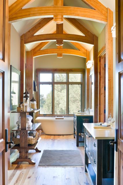 high ceilings you re immediately drawn into a room with high ceilings, architecture, home decor, paint colors, painting, I love how these wooden beams makes this bathroom look cozy and intimate