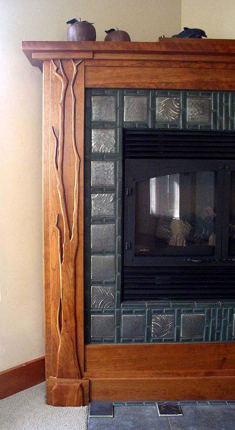 heistand designs and woodwork, products, woodworking projects, Arts and Crafts Style Fireplace the surround is comprised of carved cherry and Motawi tile