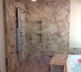 must admit this is one of the best colors cambria has this is a close up, bathroom ideas, home decor, This beautiful bathroom offers a curbless shower appeal coupled by beautiful warm tones of a cherry cabinet