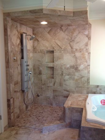 must admit this is one of the best colors cambria has this is a close up, bathroom ideas, home decor, This beautiful bathroom offers a curbless shower appeal coupled by beautiful warm tones of a cherry cabinet