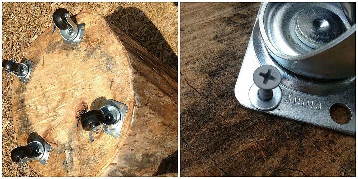 how to simple stump stool with caster wheels, repurposing upcycling, seasonal holiday decor, Screw in caster wheels