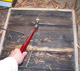 mind blowing make over of barn wood bath cabinets, bathroom ideas, diy, kitchen cabinets, painted furniture, woodworking projects, My and my trusty hammer pulled chopped and removed as much of the high profile on the barn wood as possible