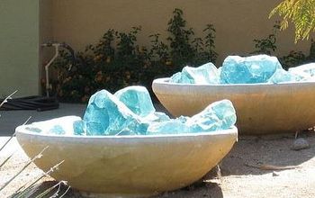 Front Yard Landscaping With Brilliant Blue Glass In Clay Pots