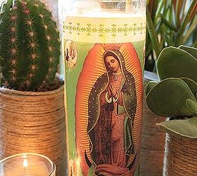 jute wrapped tin cans, crafts, The Madonna prayer candles I found at the Mexican grocery store close to my house