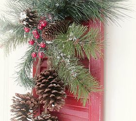 old shutter christmas door decoration, christmas decorations, repurposing upcycling, seasonal holiday decor, I bought an evergreen spray at Joann s and it already had the pine cones hanging from it PERFECT