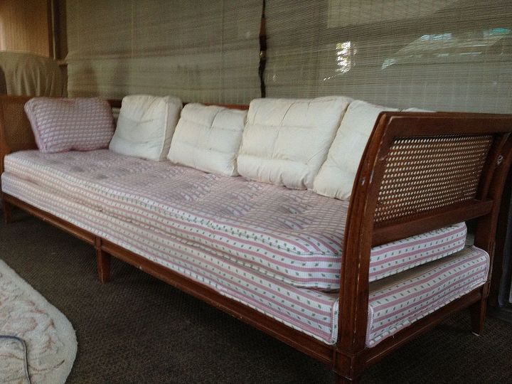 from simple screened porch to entertaining oasis cheap, Found this incredible vintage Pottery Barn solid wood sofa w all down feathers for 30 on Craiglist Woohoo Replaced covers to match decor