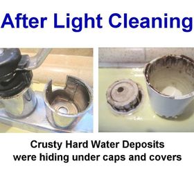 removing kitchen sink stains preventing them from coming back, After Light Cleaning Yes indeed As expected there were crusty hard water deposits under the faucet cover and as a bonus I found crusties under the dishwasher machine s overflow cap
