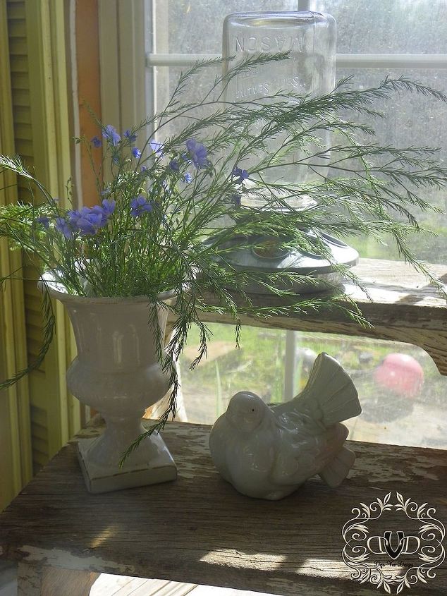 decorating with white containers and clippings from the yard, home decor, The morning sun shining through this whttp www hometalk com dejavuedesigns posts indow onto this country vignette is just appealing to me
