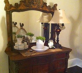 dresser turned sideboard, painted furniture, repurposing upcycling, I added a wire cloche filled with white dishes and a white bowl with pitcher to lighten up the area