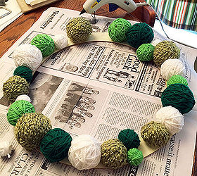 st patrick s day yarn wreath, crafts, seasonal holiday decor, wreaths, Glue the yarn balls to the wreath form