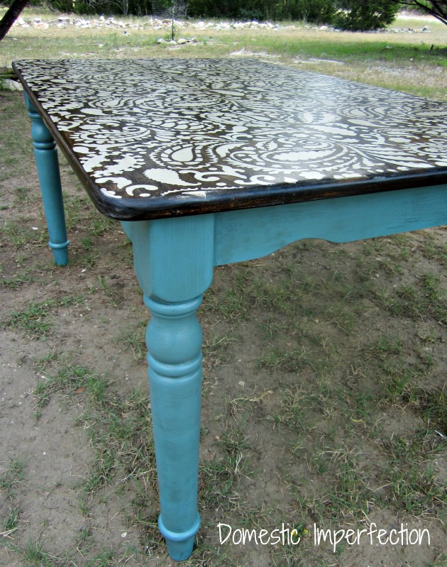 stenciled tables, Paisley table with dirty cowboy turquoise legs