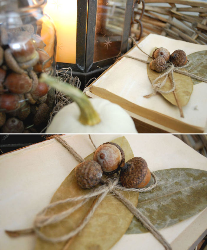 decorating for autumn on a budget, seasonal holiday d cor, wreaths, dried leaves vintage books and collected acorns