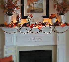 our fall mantel, seasonal holiday decor, Admittedly I love the ambiance the lights add