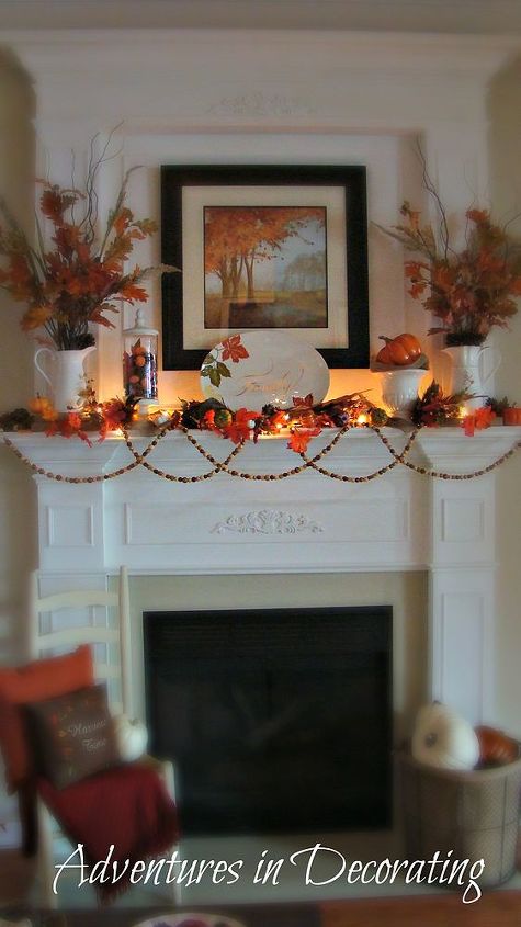 our fall mantel, seasonal holiday decor, Admittedly I love the ambiance the lights add