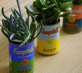 soup can planters, gardening, repurposing upcycling, succulents, I love the bright pop of color