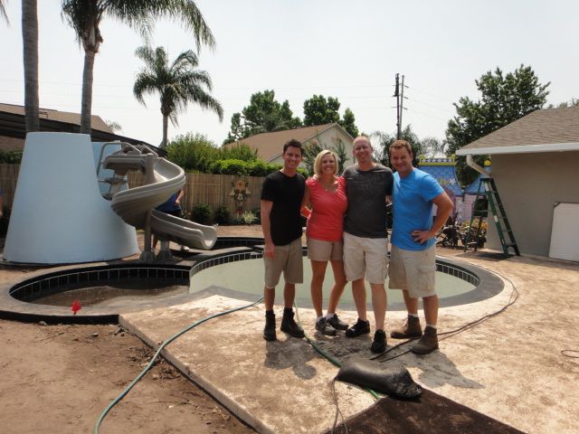 my yard goes disney farrell, outdoor living, pool designs, Tracey Tim Farrell center stand with HGTV host Brandon Johnson left contractor Tyler Weston