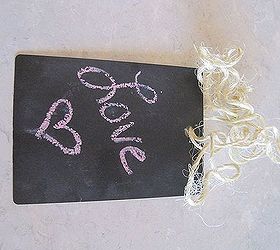 repurpose countertop samples into chalkboard tags, chalkboard paint, crafts, Then season your chalkboard tag by rubbing the entire piece with the side of the chalk then wipe it clean and draw any design you want