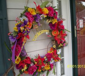 summer grape vine wreath one of my summer decorations on my front porch, crafts, seasonal holiday decor, wreaths, 2012 Editon Summer Wreath Re do BRIGHT BOLD