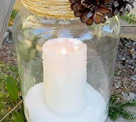 old pickle jars upcycled into pottery barn knockoffs, christmas decorations, repurposing upcycling, seasonal holiday decor, Next I added some epsom salt and a pillar candle into the bottom of the jar Again all items I already had on hand