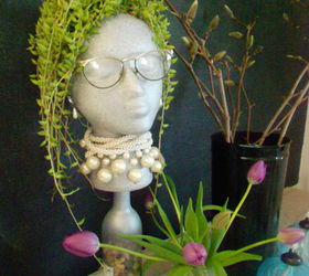 diy garden head project, I added Betty s Bling with some old necklaces glasses and even some rhinestone earrings they were easy to stick into the side of her head Betty was born She sits on top of the buffet in my dining room Thanks for reading
