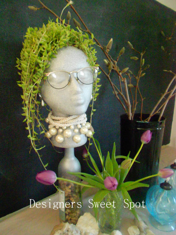 diy garden head project, I added Betty s Bling with some old necklaces glasses and even some rhinestone earrings they were easy to stick into the side of her head Betty was born She sits on top of the buffet in my dining room Thanks for reading