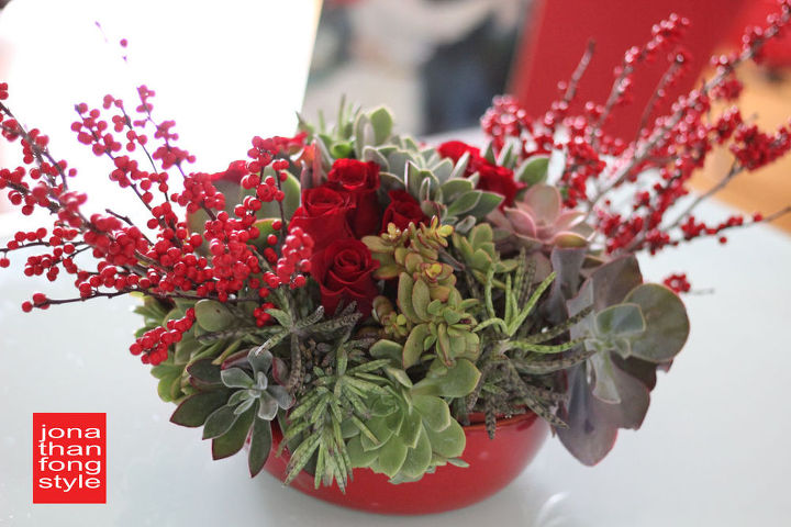 succulent and berry holiday centerpiece, flowers, gardening, seasonal holiday d cor, succulents, I combined succulents ilex berries and red roses to create this centerpiece